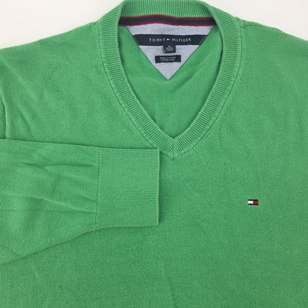 Tommy Hilfiger‎ Mens V Neck Sweater Green Pima Cotton Long Sleeve XL